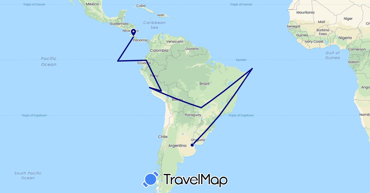 TravelMap itinerary: driving in Argentina, Brazil, Costa Rica, Ecuador, Peru (North America, South America)